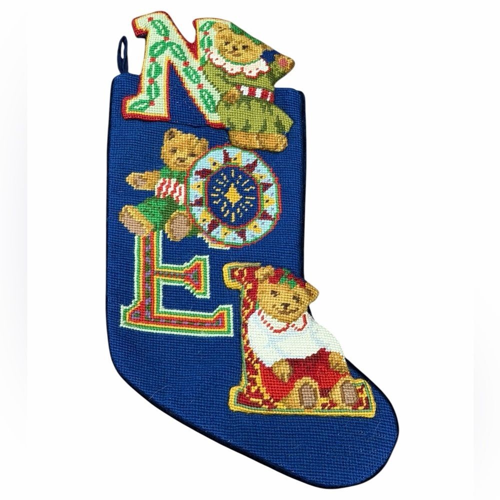 🎄 Vintage Needlepoint NOEL Christmas Stocking with Teddy Bears & Hearts 🎅‎